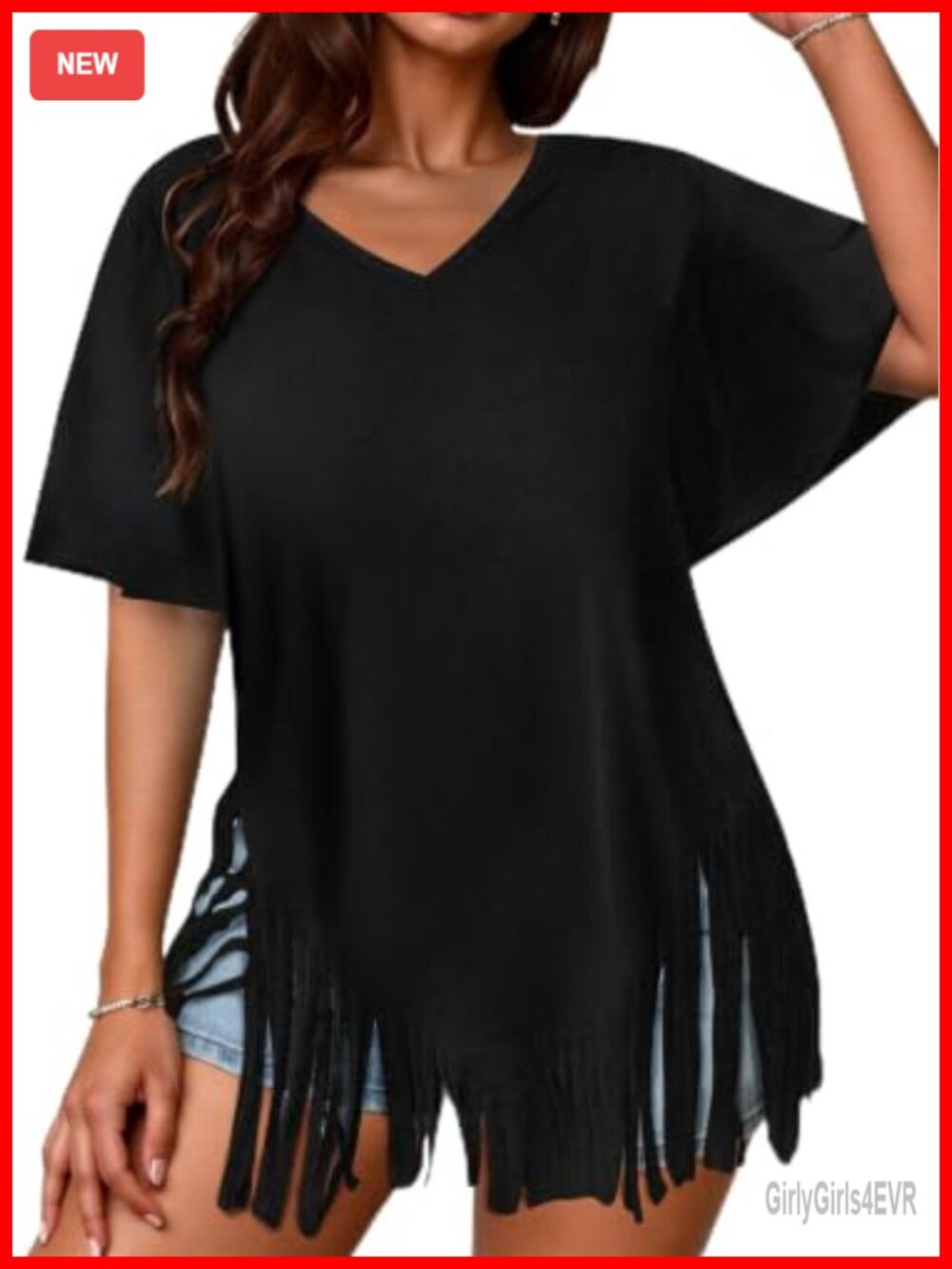 Fringe Short Sleeve V Neck Tee Loose Fit Casual Cowgirl Top